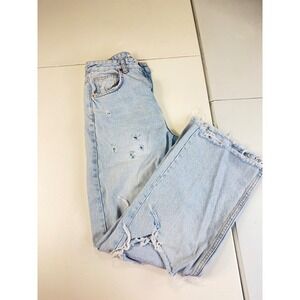 Zara Women's Light Wash Distressed Ripped Knee Wide‎ Leg Cropped Jeans
